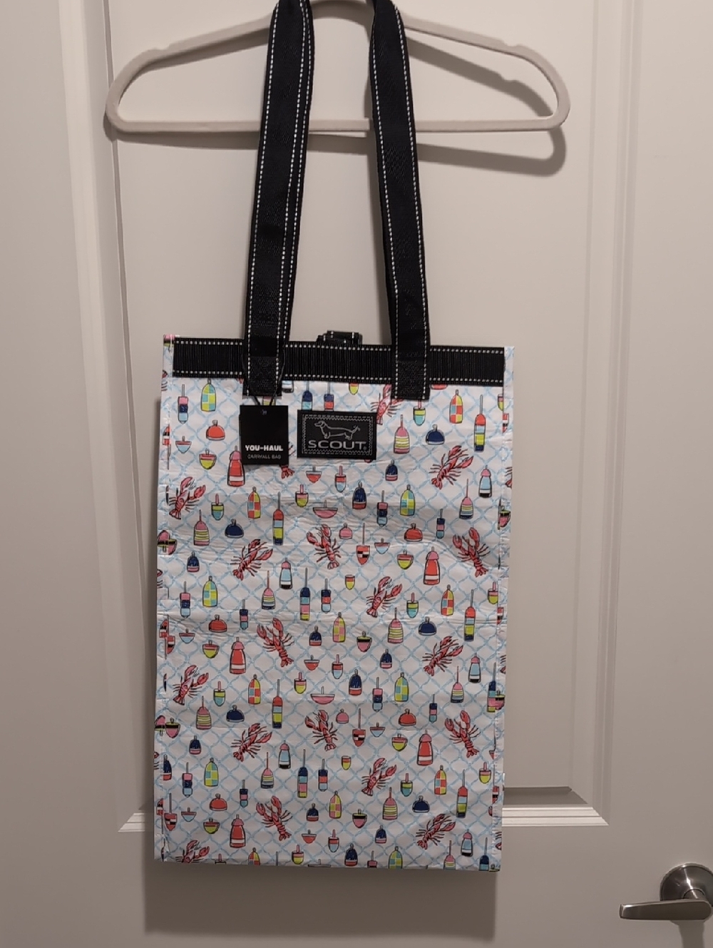 Scout Messenger Tote in White with Red Lobster & Multicolor Buoy Print